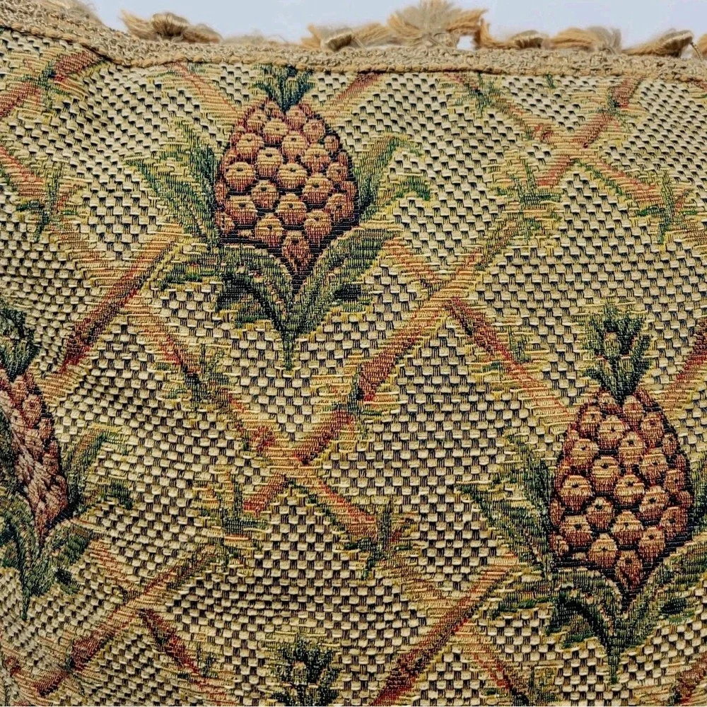 Vintage Woven Tapestry Pineapple Throw Pillow Gilded Age Grandmillennial Tassel